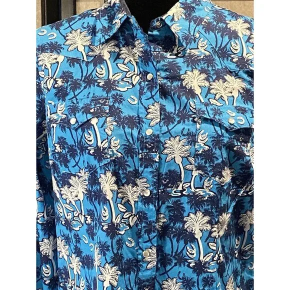 Roper Women's Blue Palm Tree Horseshoes rodeo ready Pearl Snap Western Shirt M - Picture 2 of 10